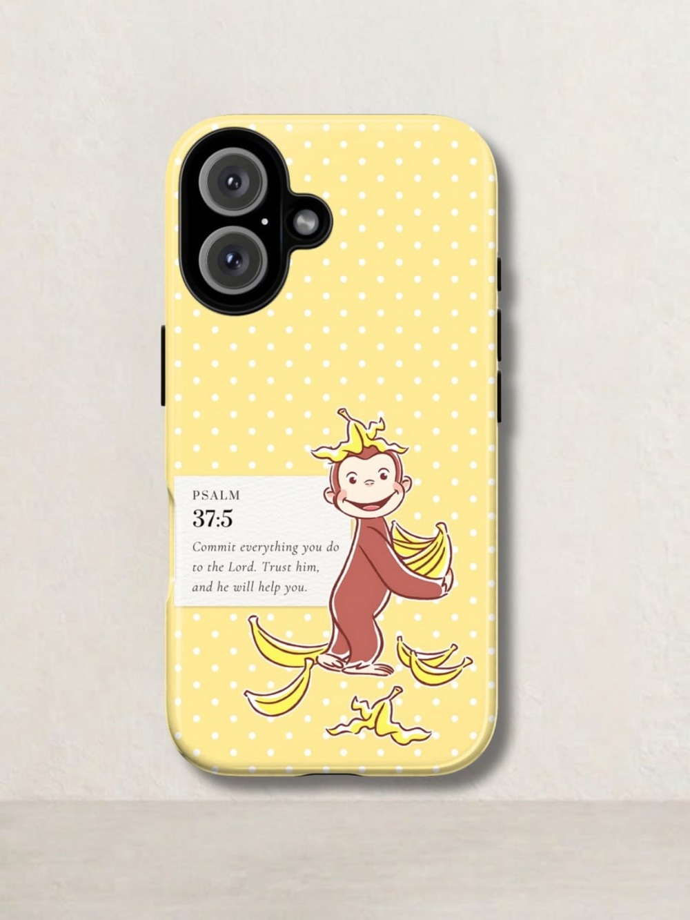 Yellow Polka Dot Monkey Banana Phone Case with Psalm Verse